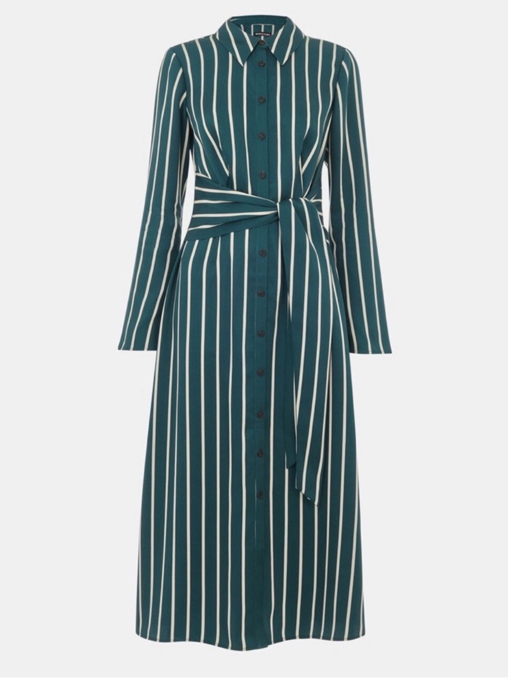 Whistles Gren and Cream Striped Midi Shirt Dress with front tie